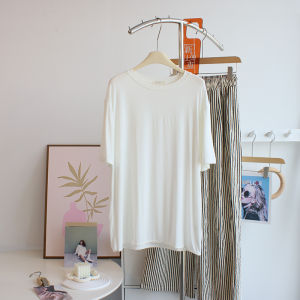 Soft Modal Long Sleeve T-Shirt Women Loose round Neck Base Shirt Mid-Length Home Sleepwear Pure Color Commute Simple Style