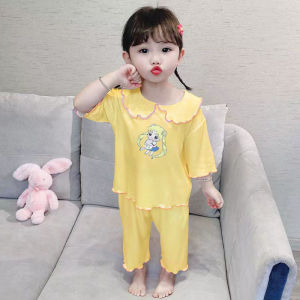 Girls Ice Lụa Đồ Ngủ Mùa Hè Mỏng Bảy Tay Phong Cách Công Chúa Quần Áo Gia Đình Bộ Đồ Điều Hòa Không Khí Quần Áo Gia Đình Trẻ Em