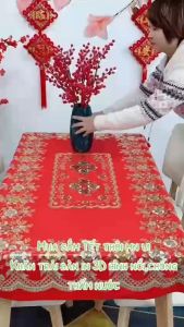 Khăn trải bàn 3D in nổi 90cmx150cm sang trọng không thấm nước chống thấm dầu mỡ dễ lau chùi màu vàng kem và Đỏ