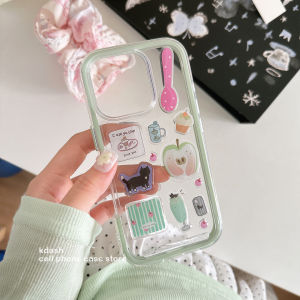 Green Apple Cat 3D Stickers Phone Case for Apple Huawei Xiaomi Honor 300 Iphone 16 pro Max 15 pro New 14 pro 13 Female Mate 70 P70 Korean Style