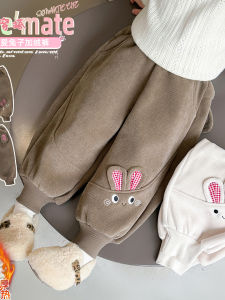 Thickened Fleece Girls Casual Pants Autumn Winter Style Rabbit Ear Design Warm Comfortable Childrens Clothing Kids Trousers