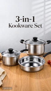Nipiin Stainless Steel Cookware Set Cooking Sets StockPot Frying Pan with Glass Lid Non-stick Kitchenware Set 3PCS/SET