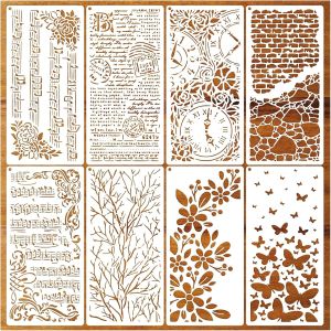 8PCS 5.9x11.8inch Painting Stencil Set Butterfly Flower Music Note Clock Wall Brick Branch Reusable Template for DIY Wall Art Fu