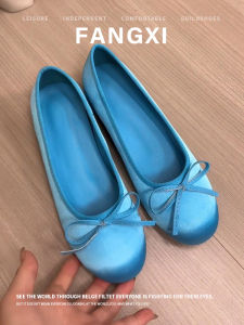 French round Head Soft Bottom Small Blue Shoes Silk Satin Face Butterfly Knot Flat Bottom Womens Shoes Ballet Flat Womens Shoes Increased Height