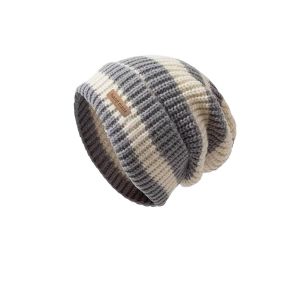 Cozy Winter Style Striped Knitted Loose Letter Wool Beanie Hat for Women Large Head Circumference Versatile Slouchy Cap