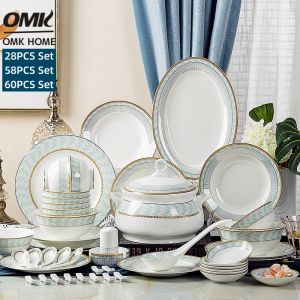 Omk phong cách tối giản hiện đại sứ xương Bộ đồ ăn Bộ đồ ăn tiệc thích hợp cho 10 người đĩa ăn tối Đặt bát