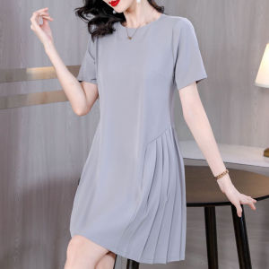 Elegant A-Line Short Sleeve Chiffon Dress Womens Fashion Summer New Arrival Korean Style High Waist Midi Skirt for Mommy