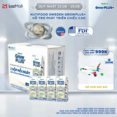 Sữa Bột Pha Sẵn Nutifood Sweden GrowPLUS+ Cao lớn vượt trội - Hỗ trợ phát triển chiều cao hộp 180 ml (24 hộp x 180ml)