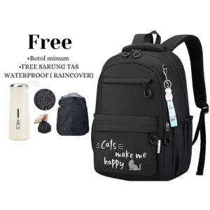 Tas sekolah anak perempuan remaja cats make me happy gratis botol minum kaca raincover tas sekolah anak remaja SD SMP tas ransel