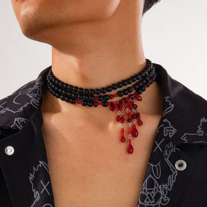 Salircon Dripping Blood Imitation Pearls Men Necklace Halloween Choker Gothic Style Pearls Creative Tassel Choker Necklace