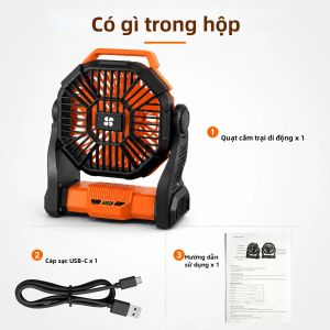 Quạt Cắm Trại Di Động Sạc USB-C Có Tay Cầm 3 Tốc Độ Đèn LED Chống Sốc Dùng Cho Lều Xe RV Nhà Để Xe Gia Đình
