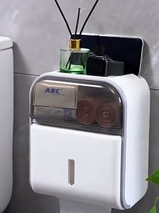 กล่องกระดาษเช็ดหน้าติดผนังพร้อมหน้าต่างดู ไม่ต้องเจาะรู ทาน้ำ สำหรับห้องน้ำ พร้อมถือกระดาษชำระม้วน