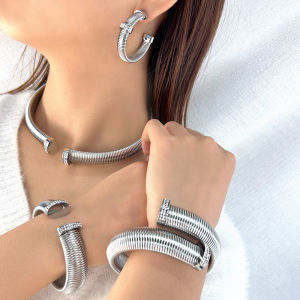 High Quality Cross Cuff Stainless Steel Jewelry Set Personalized Spiral Texture 18K Gold Plated Arm Neck Bijoux Waterproof