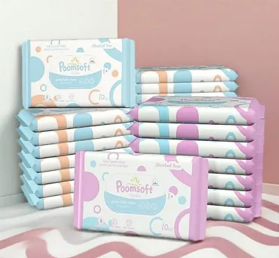 🌸 ทิชชู่เปียก Poomsoft สีชมพู มีกลิ่นหอม 🌸แบบพกพา1ห่อมี10แผ่นมีกลิ่นหอม