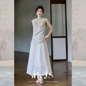 JK&JS | Traditional Style Rayon Jacquard Trim Stand Collar Relaxed Fit Off-White Dress