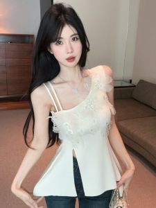 GUZILIAN | French Elegant Knitted Vest Womens Fashion Heavy Embellished Diamond Asymmetrical Summer Top Sleeveless 3D Flower Design