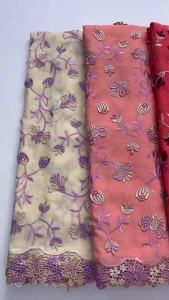 5Yards Navy Blue African Cotton Lace Fabric Pink & Blue Floral Embroidery Swiss Voile with Rhinestones For Party Dresses