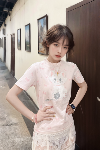 Korean Style Sweet Cartoon Cat Short Sleeve Womens T - Shirt Pure Cotton Slimming Summer Top Teenage Girls Tshirt Designs