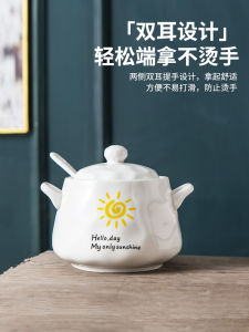 Large Capacity Ceramic Seasoning Jar with Handle for Pouring Hot Pepper Oil Kitchen Storage Container with Lid And Spoon Double Ear