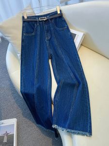 Deep Blue High Waist Wide Leg Jeans Womens Spring Autumn New Style Small Size Frayed Straight Cut Cotton Polyester Blend