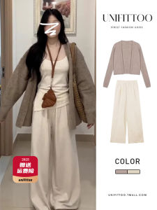 ชุดสองชิ้นสุดหรูหราสไตล์เกาหลีสำหรับผู้หญิงในฤดูใบไม้ร่วงและฤดูหนาว เสื้อยืดคอกลมแขนสั้นสไตล์เกาหลี