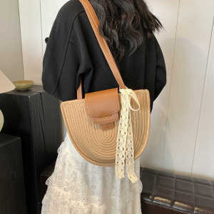 Summer French Style Retro Straw Woven Bag Womens Semicircle Underarm Bag Seaside Travel Vacation Beach Bag Woven Shoulder Bag