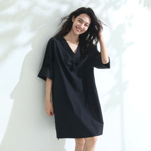 Miccbeirn | Retro Beaded Tassel V-neck Midi Dress Casual Silk Cotton Blend A-line Skirt Mid-length Summer Dress For Women In Their 30s