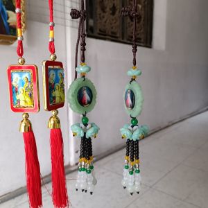 Móc dây treo xe dây dù kết đá cẩm thạch có gắn hình Chúa và Mẹ 2 mặt - quà tặng công giáo