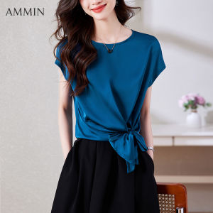 Ammin thời trang phong cách Hàn Quốc khí chất Cổ Tròn ren màu sắc trang nhã lên eo Áo Blouse lụa 2023 Mùa Hè Thiết kế mới cảm giác lỏng xếp li áo tay ngắn thời trang