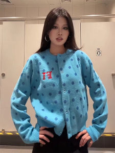 Retro American Polka Dot round Neck Open Cardigan Sweater Women Early Autumn Short Soft Lazy Style Knitted Top