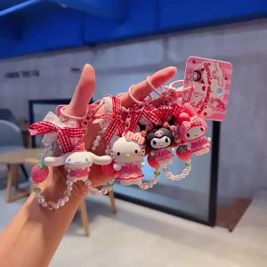 Sanrio Strawberry Keychain Hello Kitty My Melody Kuromi Cinnamoroll with Beaded Chain Bowknot Pendant Bag Charm Cute Gift