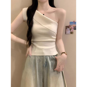 Áo Thun Vai Chéo Màu Tím Mùa Hè 2025 Áo Thun Nữ Tay Ngắn Gợi Cảm Chất Liệu Polyester Dáng Ôm Cổ Tròn Dài Thường