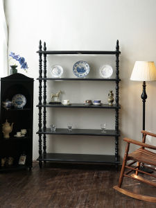 Vintage French Style Solid Wood Floor Standing Shelf Living Room Display Rack Multi-layer Black American Mid-Century Style