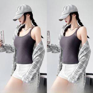 Miiow | Cat Lady White Ribbed Strap Vest Womens Thin Summer Sleeveless Inner Wear With Chest Pad Beautiful Back Top