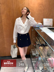 Cotton Long Sleeve Shirt with Lotus Leaf Collar for Women Spring Autumn Style Casual K-style Slim Fit White Blouse