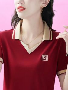 Middle-Aged and Elderly Short-Sleeved T-Shirt Womens Summer 2024 New Arrival Loose Mothers Lapel Olo Shirt Slimming Youthful-Looking Tops Womens