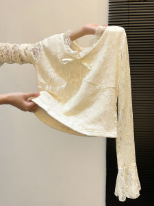 Luxurious Embroidered Butterfly Knot T-shirt Womens Stylish V-neck Long Sleeve Inner-shirt for Fall Korean Straight Fit Silk Blouse