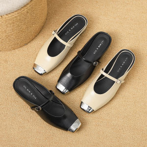 Spring Autumn 2025 New Style Comfortable Metal Square Head Slippers Korean Version All-Match Cover Head Slippers Casual Slip-On Shoes