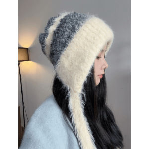 Japanese Style Ear Warmer Furry Knitted Hat Womens Warm Cold Proof Small Face Design Soft Cap Casual Style Autumn Winter