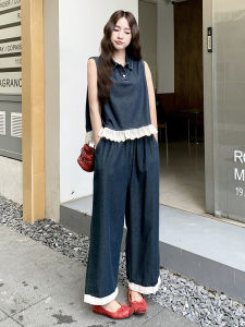 YINLUOYA | Salt System Vintage Denim Set Summer 2025 New Style Wide Leg Pants Two Piece Suit Old Money Style Polo Collar Full Sleeve Top