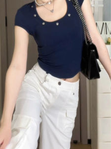 YUEZHONGWEI | American Retro Blue Short Sleeve T-Shirt Women Summer New Style Small Size Slim Fit Short Top Korean Style Commute Wind Pure Color