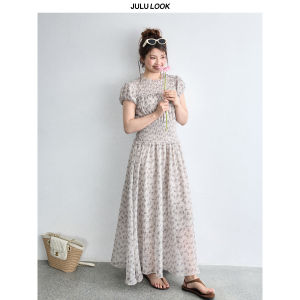 JULULOOK | Elegant Puff Sleeves Waist-cinched Floral Dress