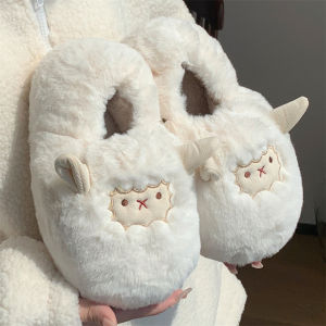 รองเท้าแตะผู้หญิงในร่มแบบหนาและอบอุ่น รองเท้าแตะขนแกะสุดน่ารักสำหรับฤดูหนาว รองเท้าแตะแบบสวมหัวส้นแบน พื้นยางกันลื่น