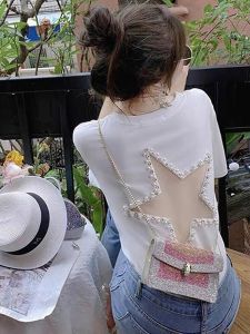 plus Size Womens T-Shirt Summer Elegant Design Hollow out Heavy Embellishment Short Sleeve Top for plus Size Fashion