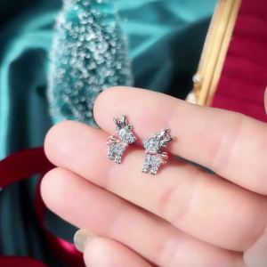 Huitan Cute Deer Two Tone Stud Earrings for Women Full Bright CZ Christmas Party Accessories New Year Jewelry for Winter Gift