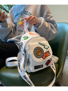 Retro Korean Harajuku Style Small Backpack Casual Womens Bag Soft Foldable Badge Design Trendy Leisure Backpack for Youth