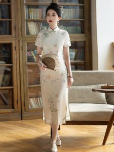 Elegant New Chinese Style Cheongsam Dress Young Girls Simple Elegant Atmosphere Improved Long Qipao Short Sleeve Floral