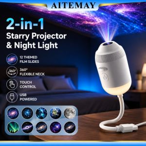 Aitemay 2-in-1 Galaxy Star Projector & Night Light with 24 Slides 360° Adjustable USB Powered Mini Starry Sky Lamp for Bedroom Kids Ceiling Wall Atmosphere Decor Gift