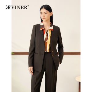 Autumn French Commuter V-neck Spliced Satin Double Breasted Suit Jacket
