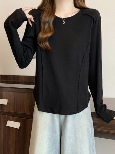 เสื้อยืดแขนยาวลายกระดูกปลาไซส์ใหญ่ เสื้อชั้นในผู้หญิง ทรงเข้ารูป ปกปิดหน้าท้อง ทรงเข้ารูป ฤดูใบไม้ผลิ 2025